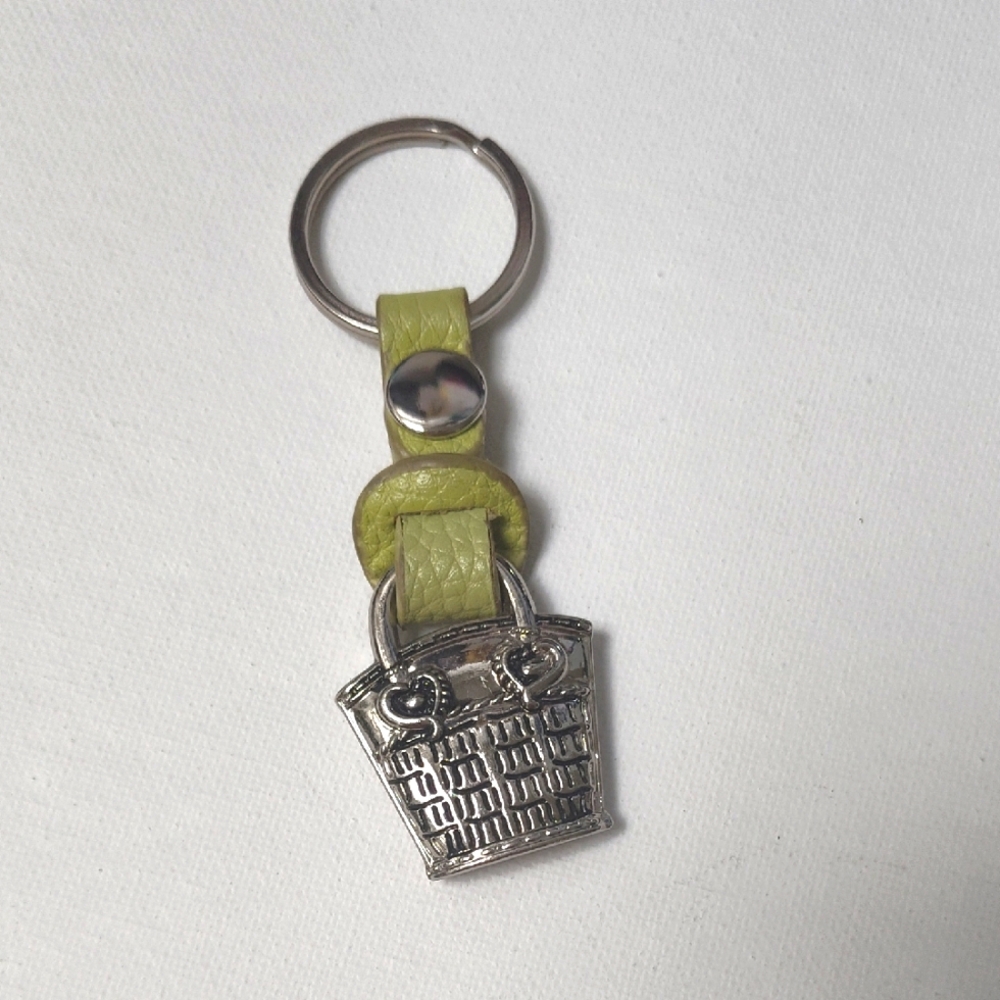 Silver Basket Keychain with Green Leather Strap